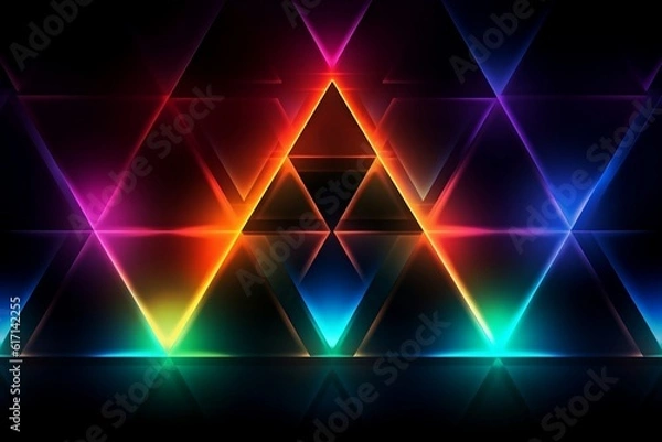 Fototapeta Świecające kolorowe trójkąty w świętym wzorze geometrii na czarnym tle