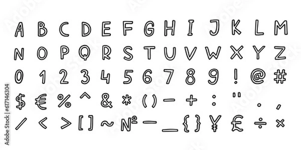 Fototapeta Scribble black english latin abc alphabet font with digits and symbols handwritten A to Z, 0 to 9 set. Vector illustration in doodle style isolated on white background. For learning, card, design.