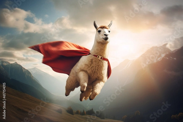 Obraz A superhero lama flying in the air. A dream-like portrait of a lama