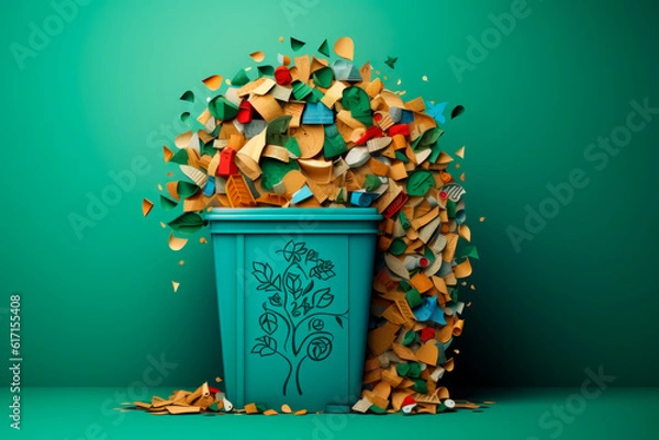 Fototapeta Recycle for a Greener Tomorrow: A Paper-Cut Illustration of a Full Recycling Bin. Generative AI Art Illustration