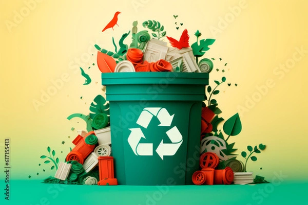 Fototapeta Waste Not, Want Not: A Paper-Cut Image of a Recycling Bin Filled with Recyclable Treasures. Generative AI Art Illustration
