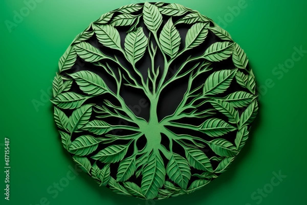 Fototapeta A paper-cut depiction of a green leaf surrounded by a circle of hands, symbolizing unity in environmental protection.. Generative AI Art Illustration