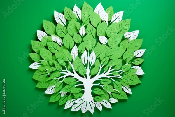 Fototapeta Unity for a Greener World: A Paper-Cut Illustration of a Green Leaf Embraced by Interconnected Hands. Generative AI Art Illustration