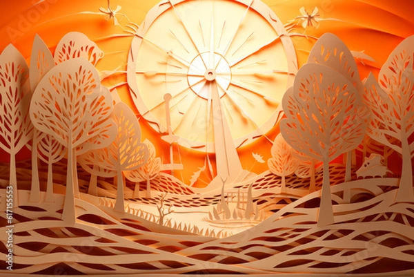 Obraz A paper-cut depiction of a sun with rays composed of wind turbines and solar panels, showcasing renewable energy sources.. Generative AI Art Illustration