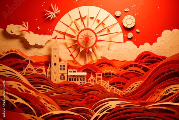 Fototapeta Power of Renewables: A Paper-Cut Image of a Sun with Wind Turbine and Solar Panel Rays. Generative AI Art Illustration