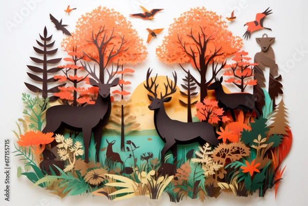 Fototapeta Biodiversity Oasis: A Paper-Cut Illustration of a Wildlife Sanctuary Fostering Ecological Diversity. Generative AI Art Illustration