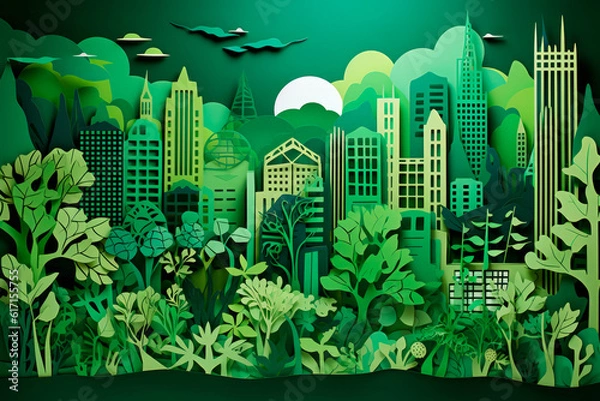 Fototapeta Nature's Skyscrapers: A Paper-Cut Green Cityscape Promoting Urban Greening. Generative AI Art Illustration