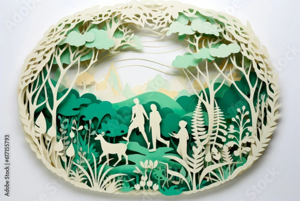 Fototapeta Nature's Bond: A Paper-Cut Image of a Family Embracing Sustainable Lifestyles. Generative AI Art Illustration
