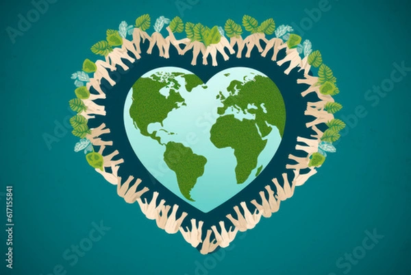 Fototapeta Embracing Earth: A Paper-Cut Illustration of Hands Forming a Heart Around the Globe. Generative AI Art Illustration