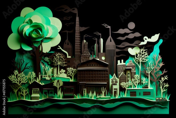 Fototapeta From Smoke to Blooms: A Paper-Cut Image of a Factory Transforming into a Green Tree. Generative AI Art Illustration