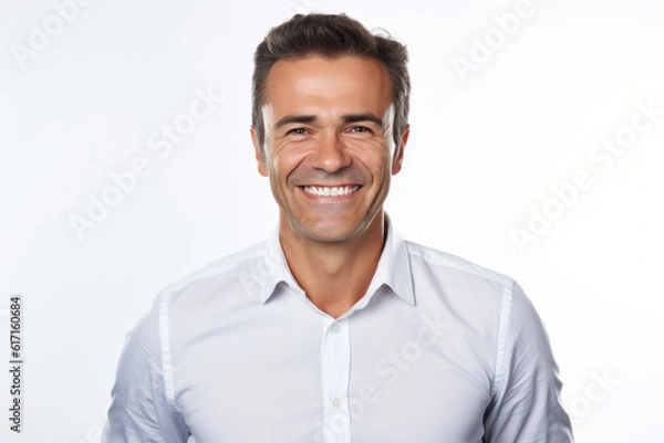 Fototapeta Beautiful person smiling in front of a white background ai generated