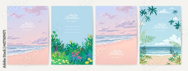 Fototapeta Set of hand drawn vector landscape background. Beautiful illustration of summer garden, beach, sea and sky. Summer holidays poster or banner design template
