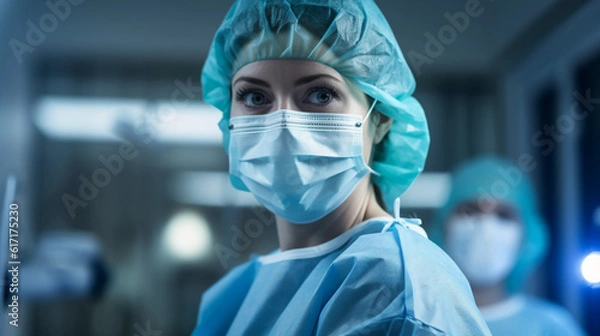 Fototapeta Hyperrealistic photograph, a dedicated female surgeon in the midst of a critical operation, under the bright surgical lights, surgical mask on, eyes focused and determined, instruments in hand.