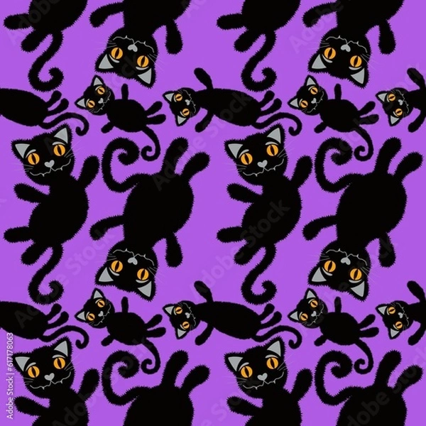 Fototapeta Halloween cartoon black cats seamless animals fluffy monsters pattern for wrapping paper and fabrics and linens