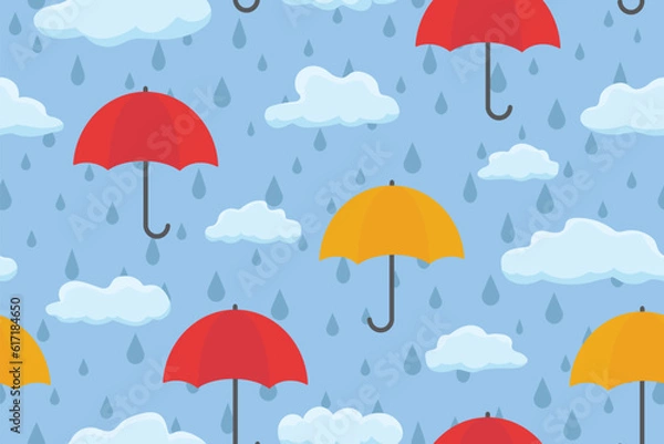 Fototapeta rainy day seamless pattern with umbrellas, clouds and water drops icons- vector illustration