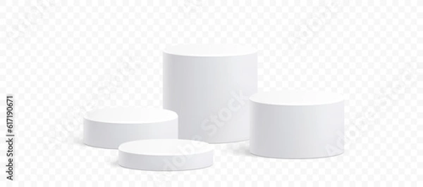 Fototapeta White circle podium stand, 3D cylindrical pedestal display isolated on white background. Vector column platform pillar for display product