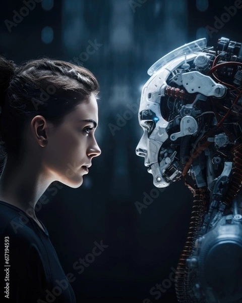 Fototapeta AI vs. Human: A Captivating Stare Down in Dramatic Light. Robot and Human Locked in a Stare Down Contest.