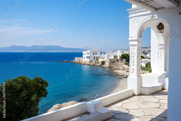 Fototapeta Landscape in Greece. View of the sea in the background with typical Greek architecture in the foreground. Steps down to the sea. Beautiful light. Very detailed. Discreet vegetation.
