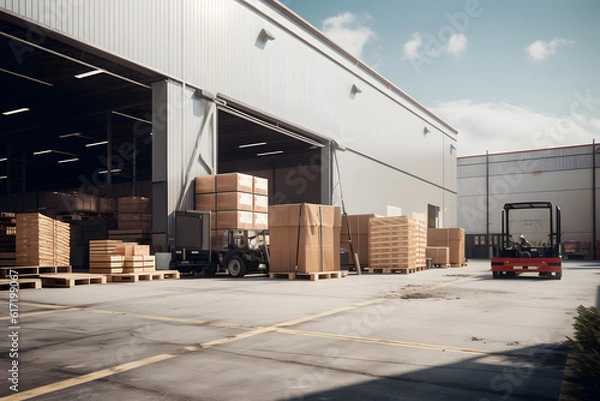 Obraz Large warehouse exterior with stacked crates and a red forklift