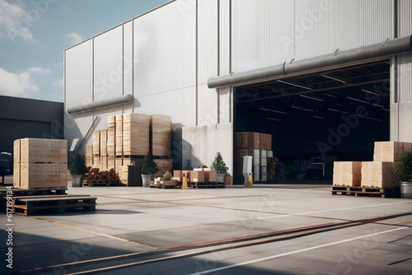 Fototapeta Large warehouse entrance  area with goods and equipment in sunlight
