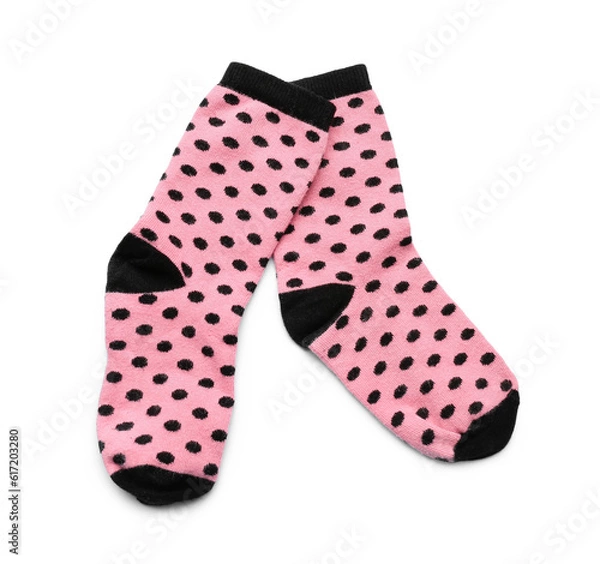 Obraz Pair of pink cotton socks on white background