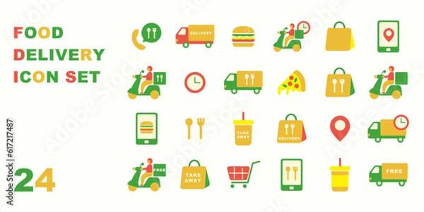 Obraz アプリでのファストフードや食べ物のデリバリーをバイクやトラックを使って配達に関するカラフルなアイコンセット