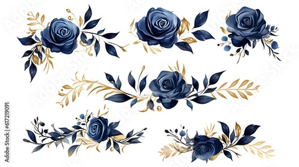 Fototapeta Watercolor design elements navy blue gold roses, flowers, leaves, eucalyptus, branches set for wedding stationary, invitation card, greeting, wallpaper, isolated transparent background. generative ai