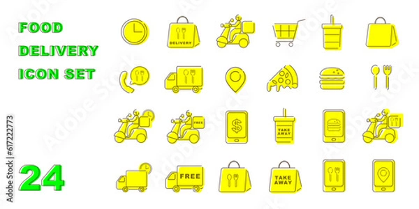 Obraz アプリでのファストフードや食べ物のデリバリーをバイクやトラックを使って配達に関するカラフルなアイコンセット