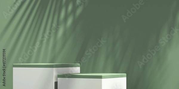 Obraz Product podium mockup display on green and white background with tree shadow,summer background,3D render illustration