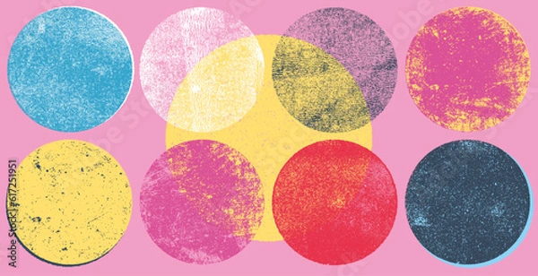 Obraz Eroded, grunge texture circles. Circles with rough rolled ink textures taken from high resolution scans. Variety of rough and subtle textures for stamp, callout, logo, icon backgrounds.