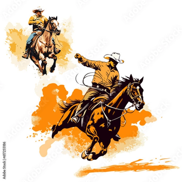 Fototapeta Drawing of galloping cowboys on horseback at a rodeo on a light background. For your design