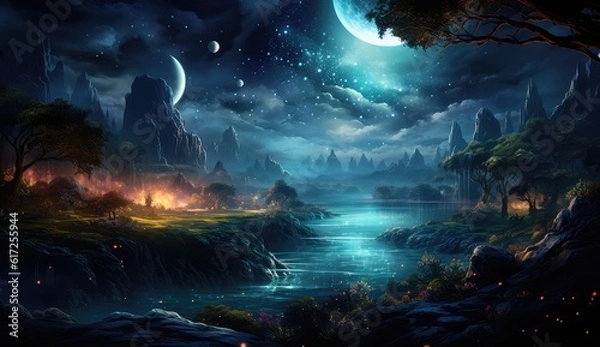 Fototapeta Dreams określa noc. Star Mgławica, miesiąc i księżyc, góry, mgła. Nierealny świat fantasy.