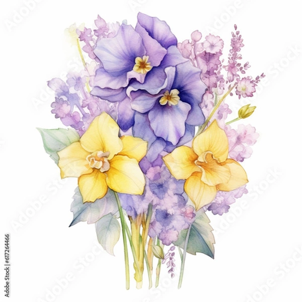 Fototapeta Illustration, AI generation. watercolor abstract flowers similar to daffodils, transparent white background.