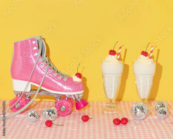 Fototapeta Summer creative layout with pink roller skate with whipped cream and red cherry, two milkshakes, disco balls, and cherries on pastel pink plaid and yellow background. 80s or 90s retro aesthetic 