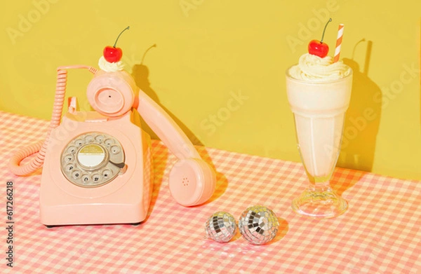 Obraz Summer creative layout with pink retro telephone with whipped cream and bright red cherry, milkshake and disco balls on pastel pink plaid and yellow background. 80s or 90s retro aesthetic girl idea. 