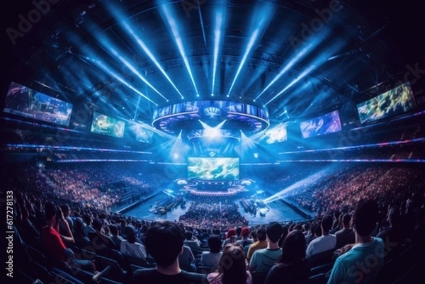 Fototapeta E-Sports tournament with a packed stadium - crowd at gaming event focused on center stage - esports arena with big screens - generative ai - 