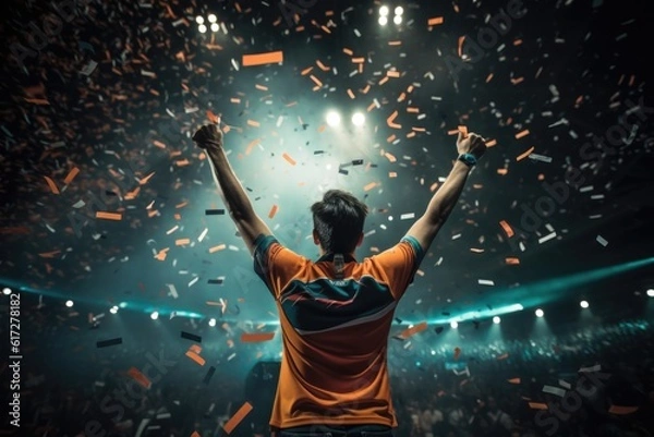 Fototapeta Gamer celebrating his Victory during major E-Sports event - esports Arena with crowd in celebration - orange and teal colors - generative ai - imaginary person