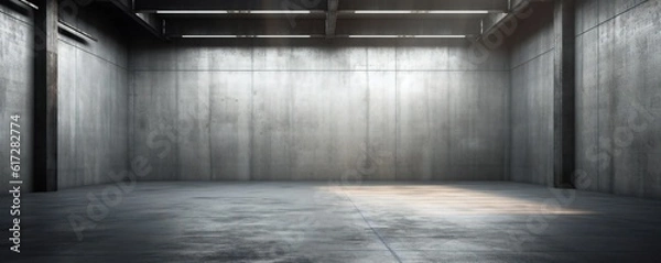 Fototapeta Website slide backdrop empty dark gray industrial concrete scene with floor and back wall and light rays Generative AI