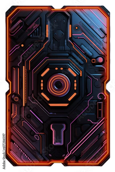 Fototapeta Cyberpunk neon glowing card deck back design, metal and lights, transparent background, made with Generative AI	