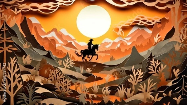 Fototapeta Paper cut art illustration, western background. AI generative image.