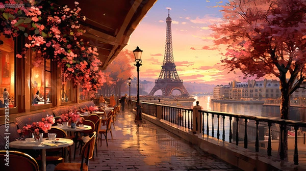 Fototapeta cafe in Paris with the Eiffel tower, ai generative
