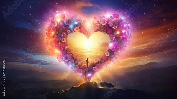 Obraz Loves surrounds us, cosmic beautiful universal love, heart filled with life, flowers and lights. Finding peace and the inner center. Concept.