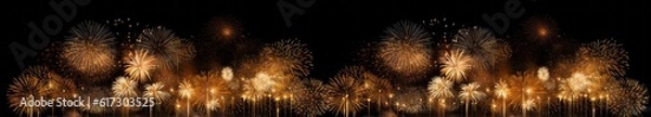 Fototapeta HAPPY NEW YEAR 2024 - Festive firework silvester New Year's Eve Party background banner panorama wide long greeting card - Gold fireworks pyrotechnics in the dark black night (Generative Ai).