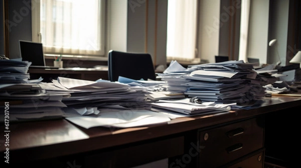 Fototapeta Desk covered with paper documents, made with generative AI
