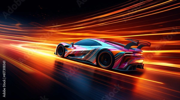 Fototapeta racing car on the road blurred yellow-orange background. Generative Ai. 