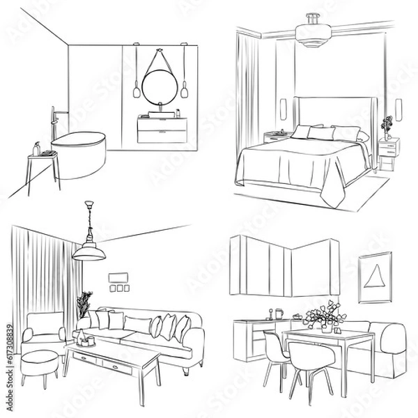 Fototapeta Sketch of an interior. Apartment design, set