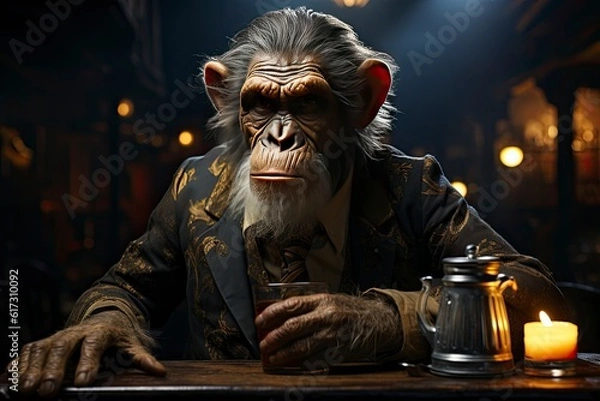 Obraz An illustration of a monkey in a business suit sitting at the bar, drinking beer from a glass, dim light creating a contrast between indulgence and melancholy. Generative Ai. 