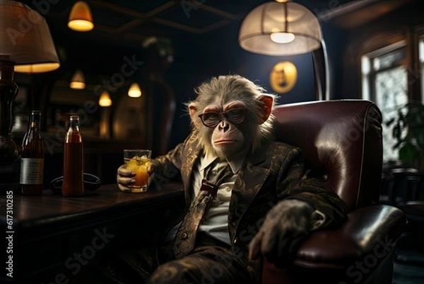 Obraz An illustration of a monkey in a business suit sits in a leather armchair, drinking juice from a glass, dim light creating a contrast between indulgence and melancholy. Generative Ai. 