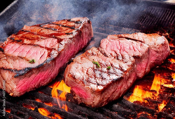 Fototapeta Steak for cooking and grilling beef steak with fire, in the style of precisionst art. Generative AI