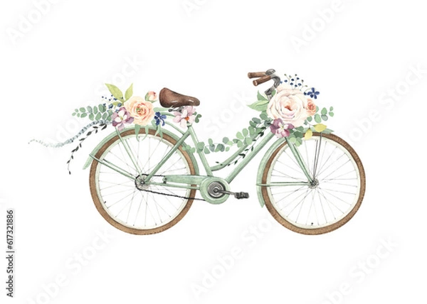 Fototapeta Bicycle with floral decoration of delicate roses, small colored flowers and green eucalyptus branches, watercolor isolated print for romantic message, wedding invitation, symbol healthy life style.
